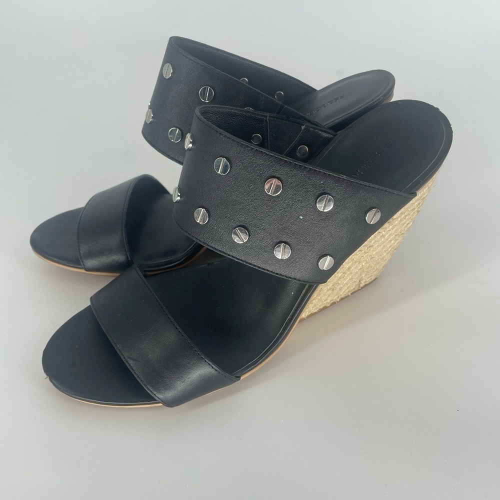 Rebecca Minkoff Black Leather Emily Studded Espadrille Wedge Sandals Size 9.5